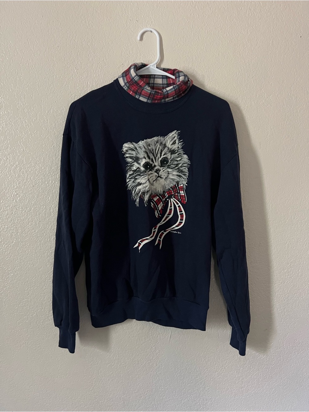 Navy Women’s Crewneck Sweatshirt with Cat Graphic and Plaid Neck Detail